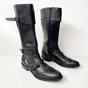 Vintage Frye Tall Leather Riding Boots 9 Black Buckle Moto Equestrian Mid Calf